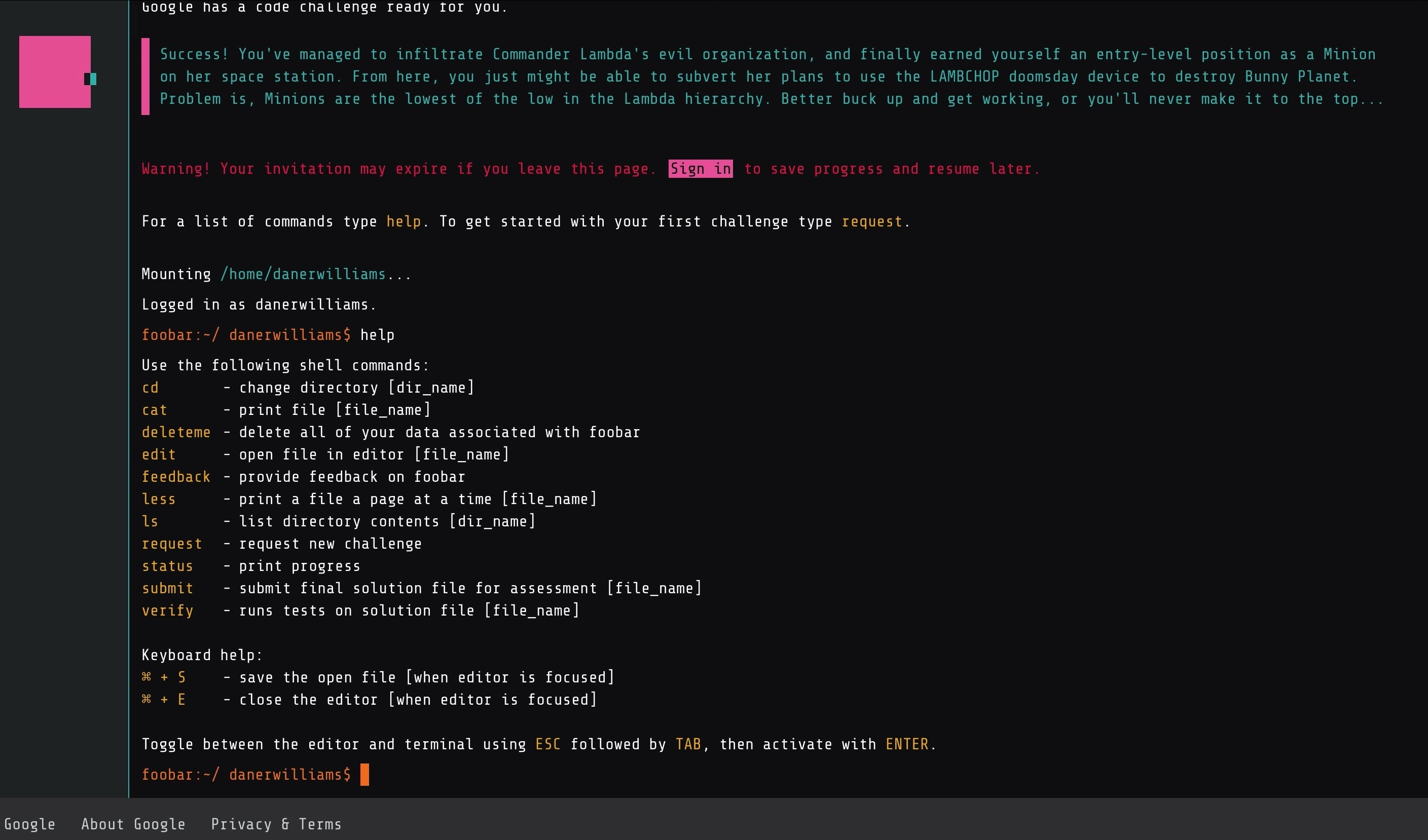 Screenshot of Google FooBar console