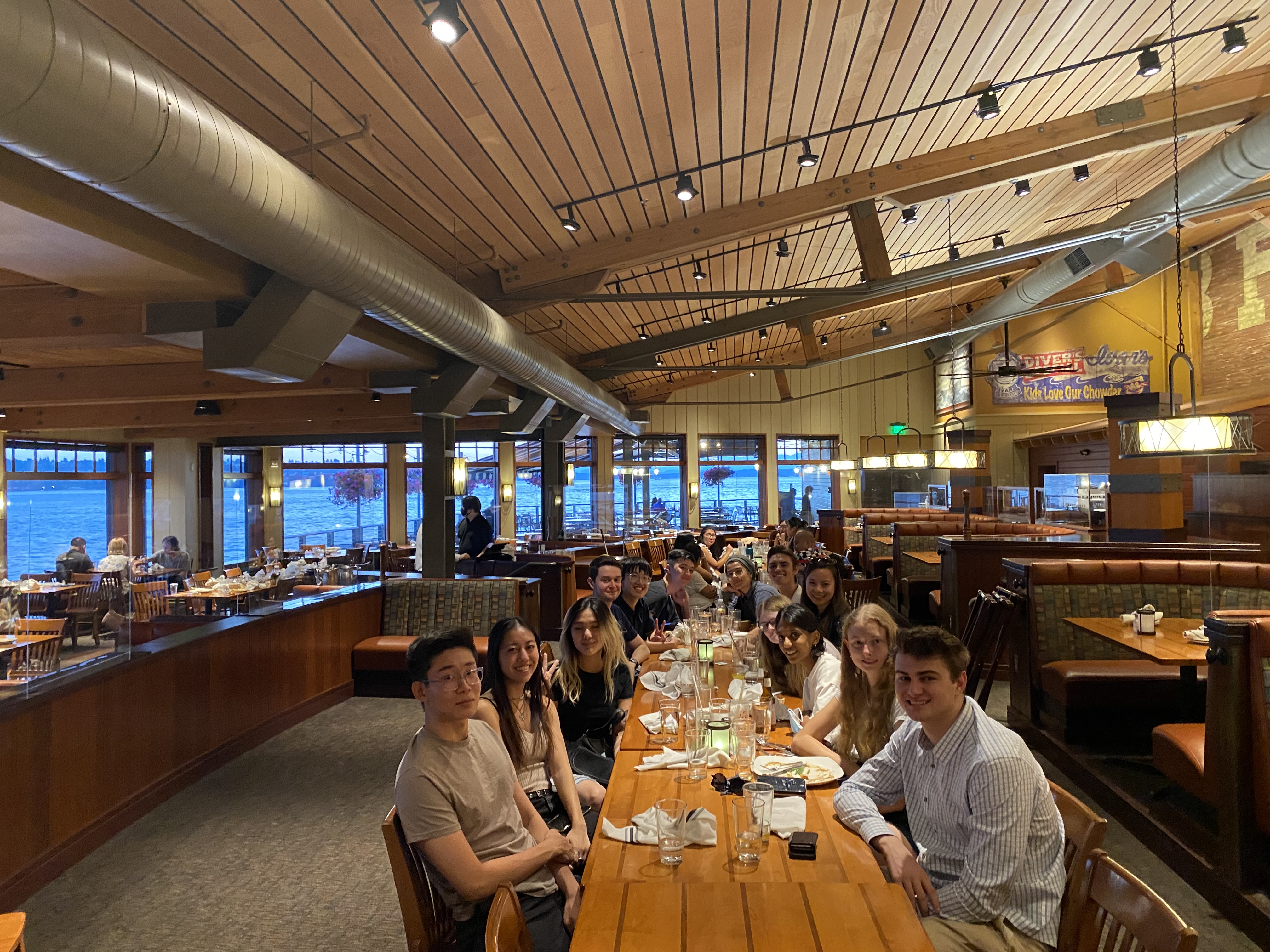 Qualtrics SWE intern group at Ivar's Acres of Clams at the Seattle waterfront